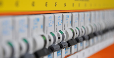 Close-up of circuit breakers inside a Modulec switchboard